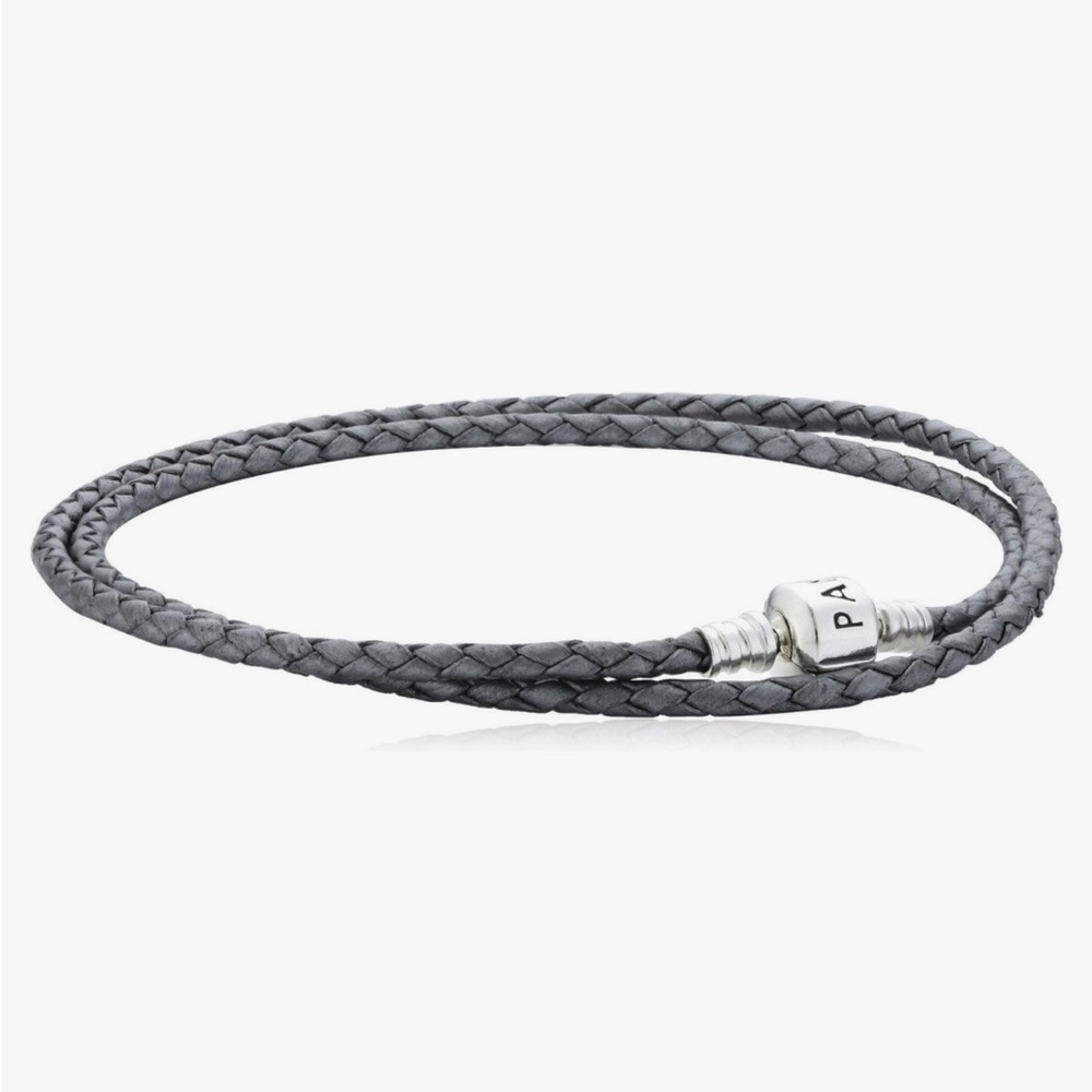 PANDORA Silver-Grey Braided Double-Leather Charm Bracelet